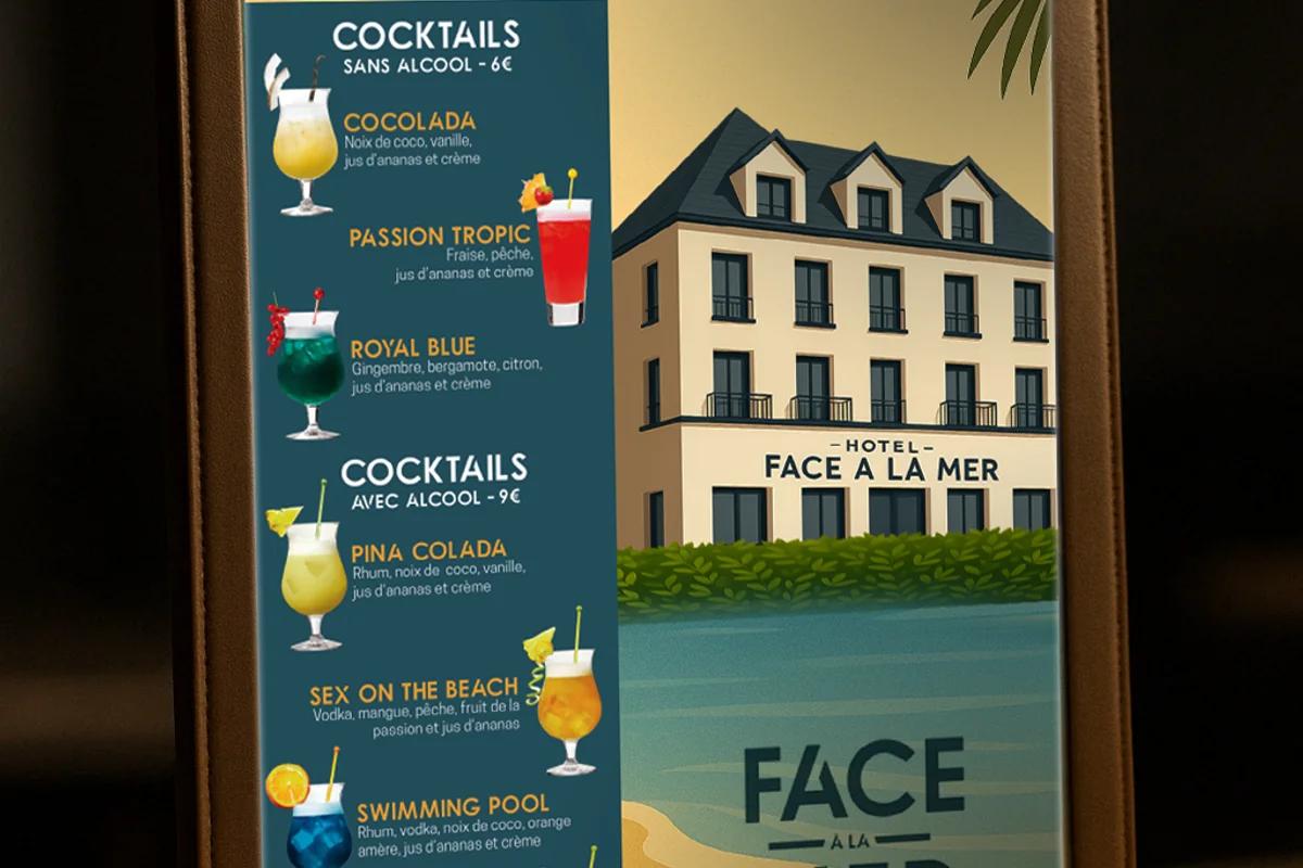 Carte des cocktails et affiche imprimées pour un hôtel