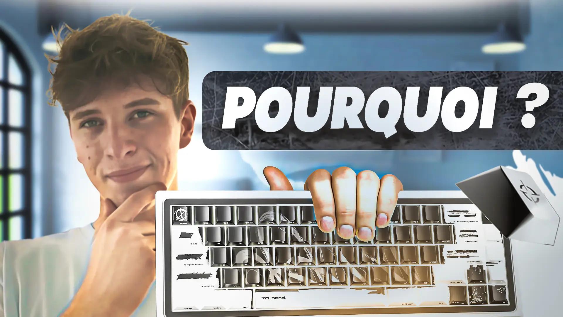 Miniature YouTube : un créateur pensif devant un clavier, avec le mot « Pourquoi ? »